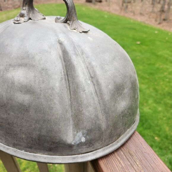Antique Early Pewter Signed Food Dome Cloche Cover English Grape Leaf Handle - Picture 2 of 10